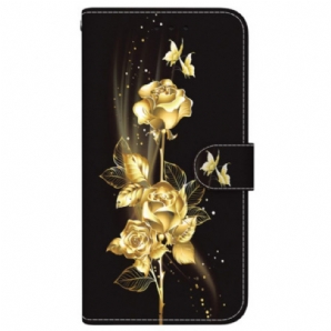 Lederhüllen Motorola Edge 50 Fusion Goldene Und Rosa Schmetterlinge Mit Riemen