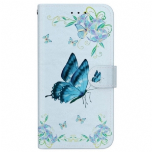 Lederhüllen Motorola Edge 50 Fusion Handyhülle Blauer Schmetterling Und Blumen Mit Riemen