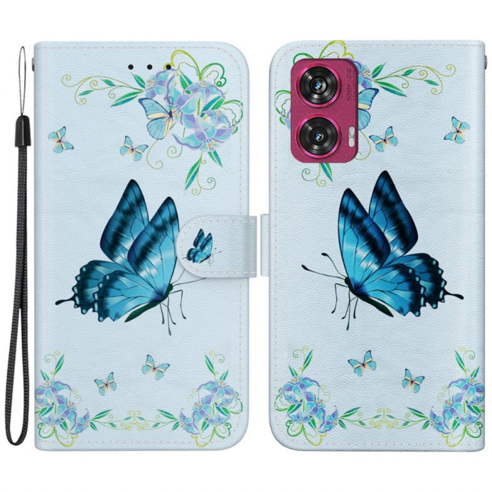 Lederhüllen Motorola Edge 50 Fusion Handyhülle Blauer Schmetterling Und Blumen Mit Riemen