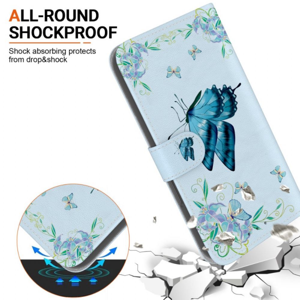 Lederhüllen Motorola Edge 50 Fusion Handyhülle Blauer Schmetterling Und Blumen Mit Riemen