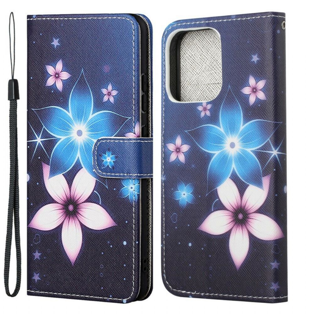 Flip Case Für iPhone 13 Mit Kordel Mondriemenblumen