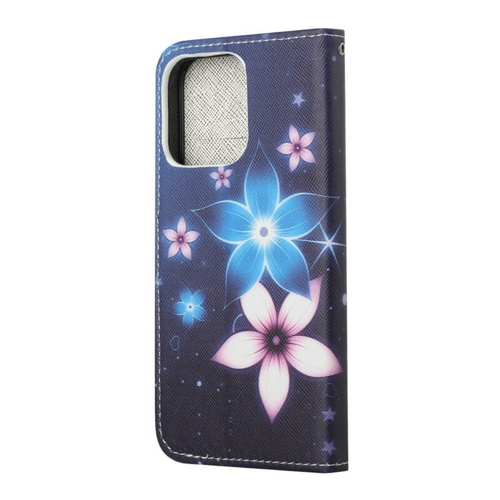 Flip Case Für iPhone 13 Mit Kordel Mondriemenblumen