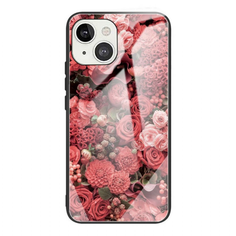 Handyhülle Für iPhone 13 Rosa Blumen Aus Gehärtetem Glas