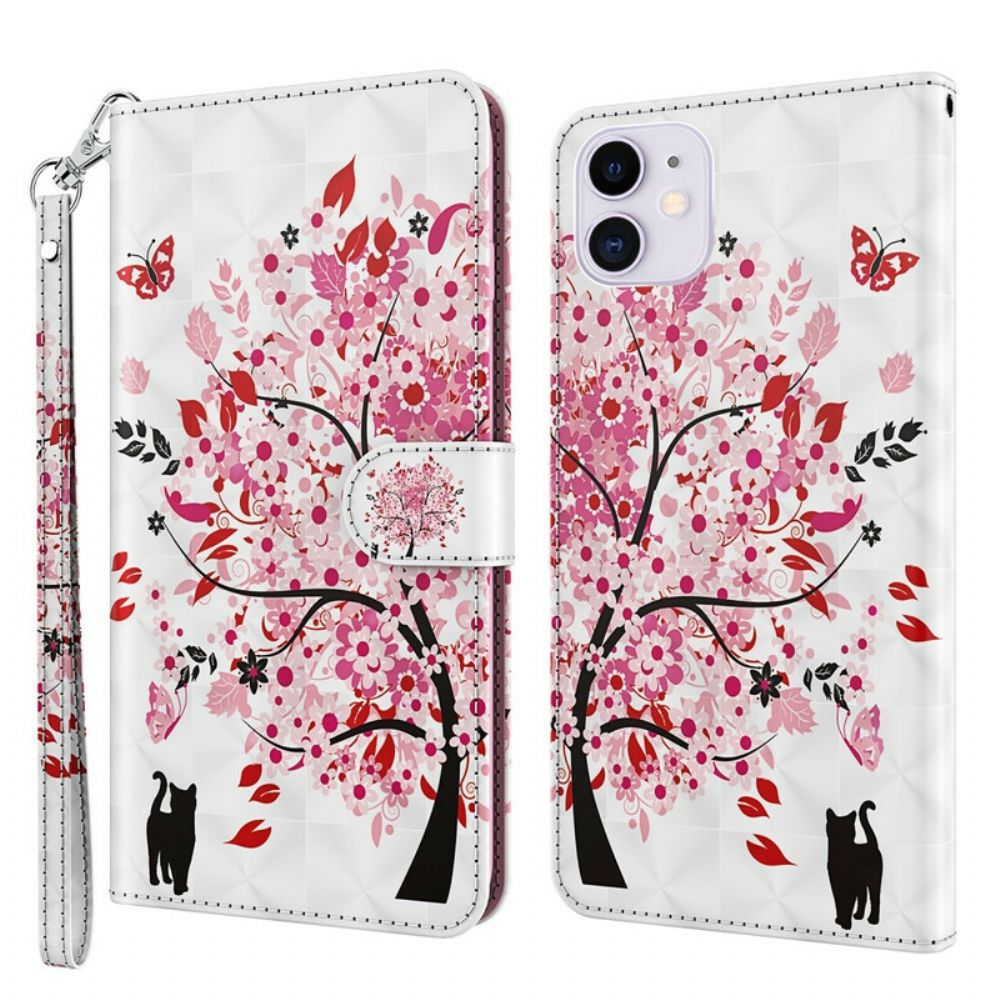 Lederhüllen Für iPhone 13 Rosa Baum Und Schwarze Katze