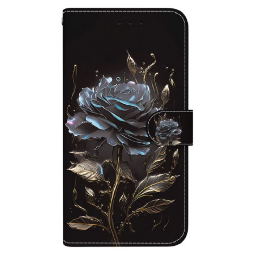 Lederhüllen Für Oppo Reno 12f 5g Schwarze Rose Mit Riemen