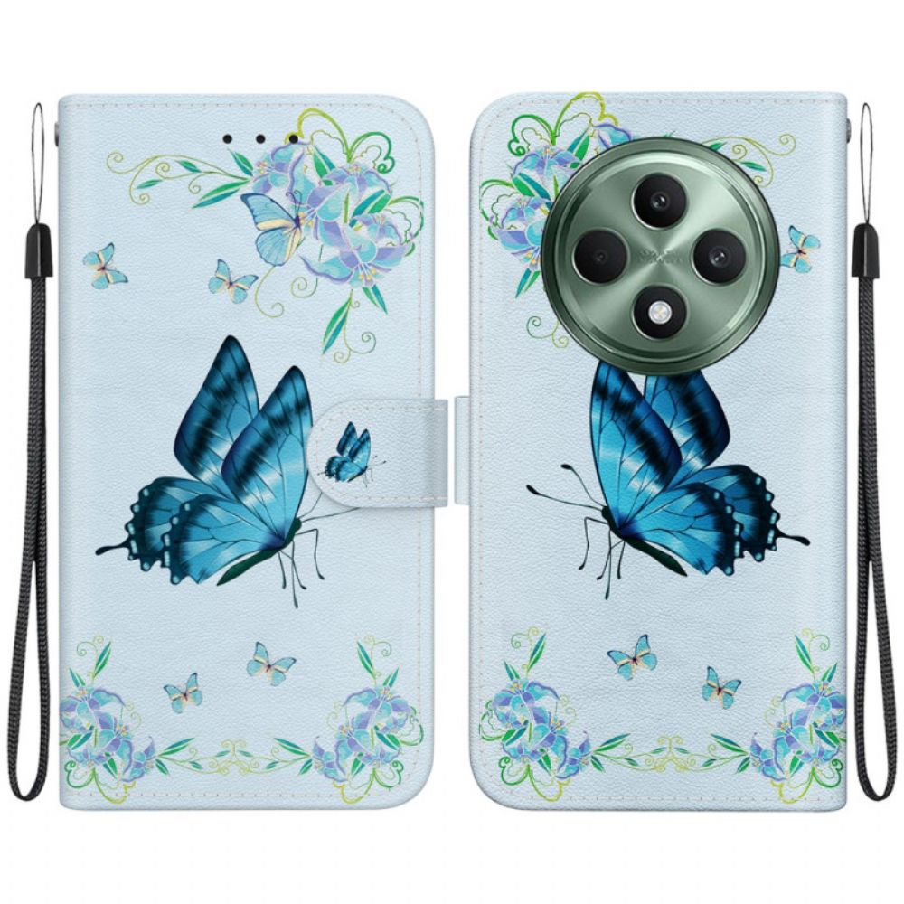 Lederhüllen Oppo Reno 12f 5g Blauer Schmetterling Und Blumen Mit Riemen