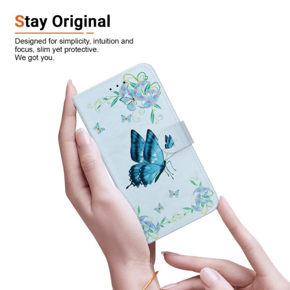 Lederhüllen Oppo Reno 12f 5g Blauer Schmetterling Und Blumen Mit Riemen