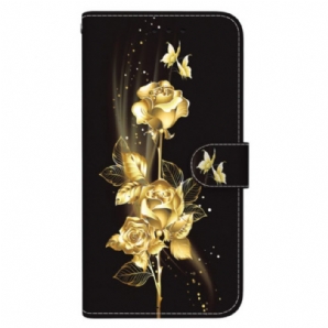 Lederhüllen Oppo Reno 12f 5g Goldene Und Rosa Schmetterlinge Mit Riemen