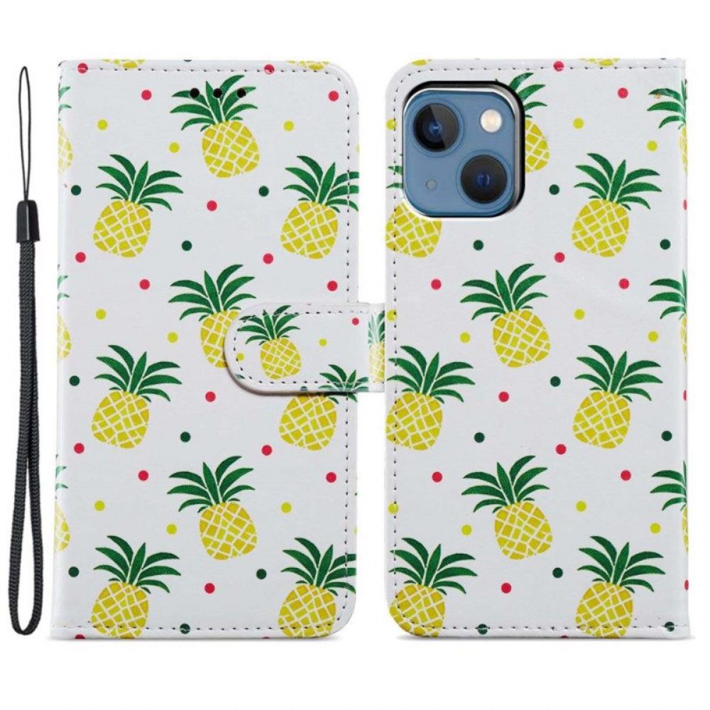 Flip Case Für iPhone 15 Plus Mit Kordel Ananas Mit Riemen