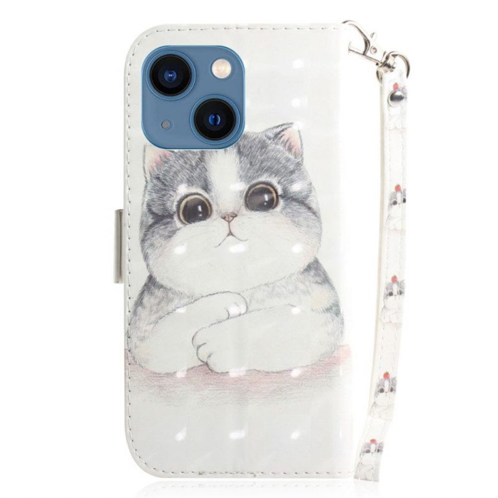 Flip Case Für iPhone 15 Plus Mit Kordel Grafische Katze Mit Schlüsselband