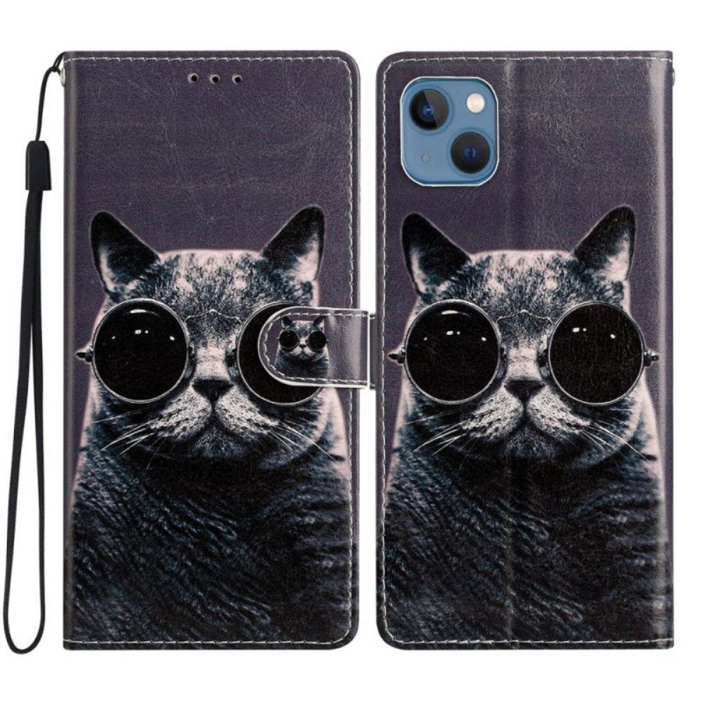 Flip Case Für iPhone 15 Plus Mit Kordel Katze Mit Bügelbrille