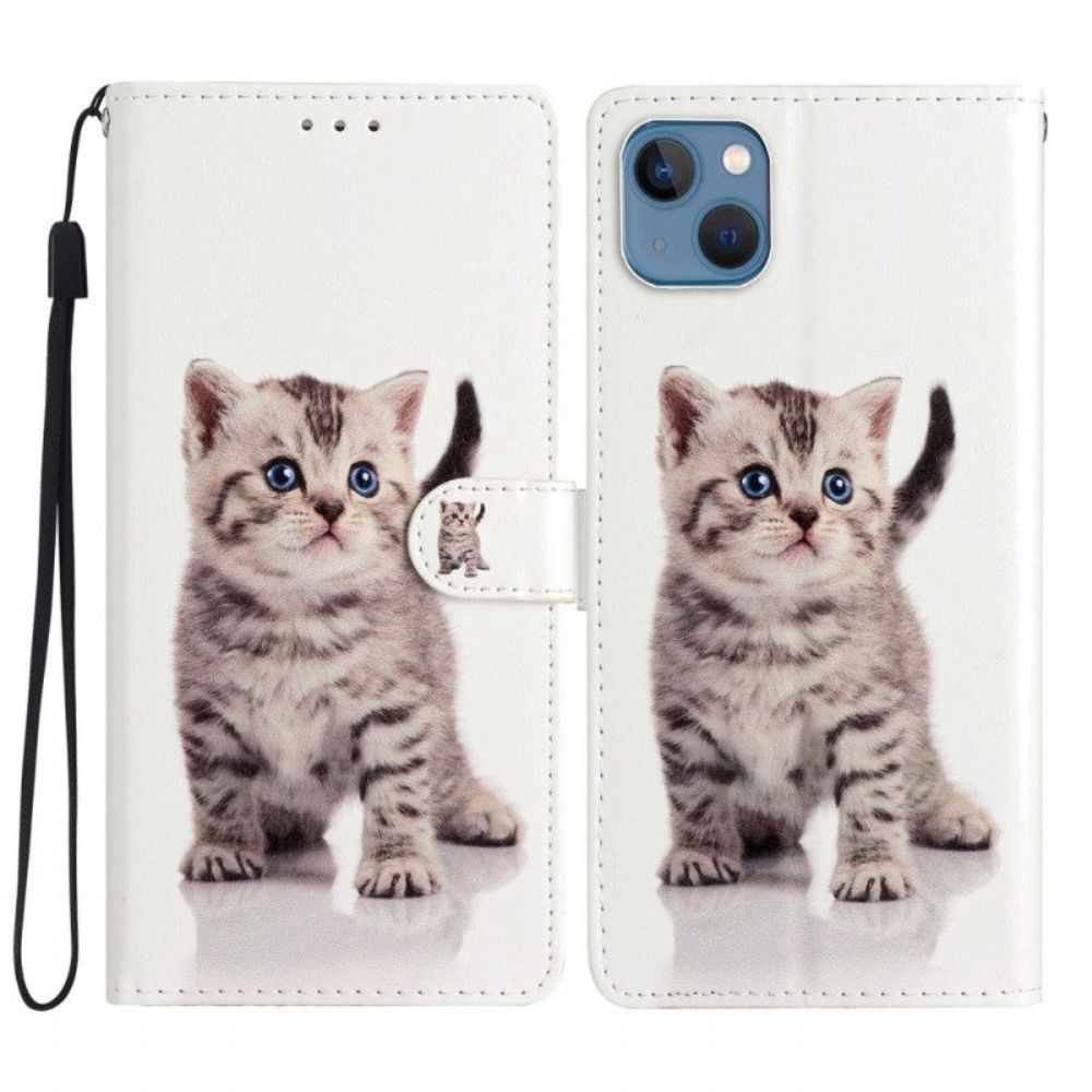 Flip Case Für iPhone 15 Plus Mit Kordel Kleine Katze Mit Riemen