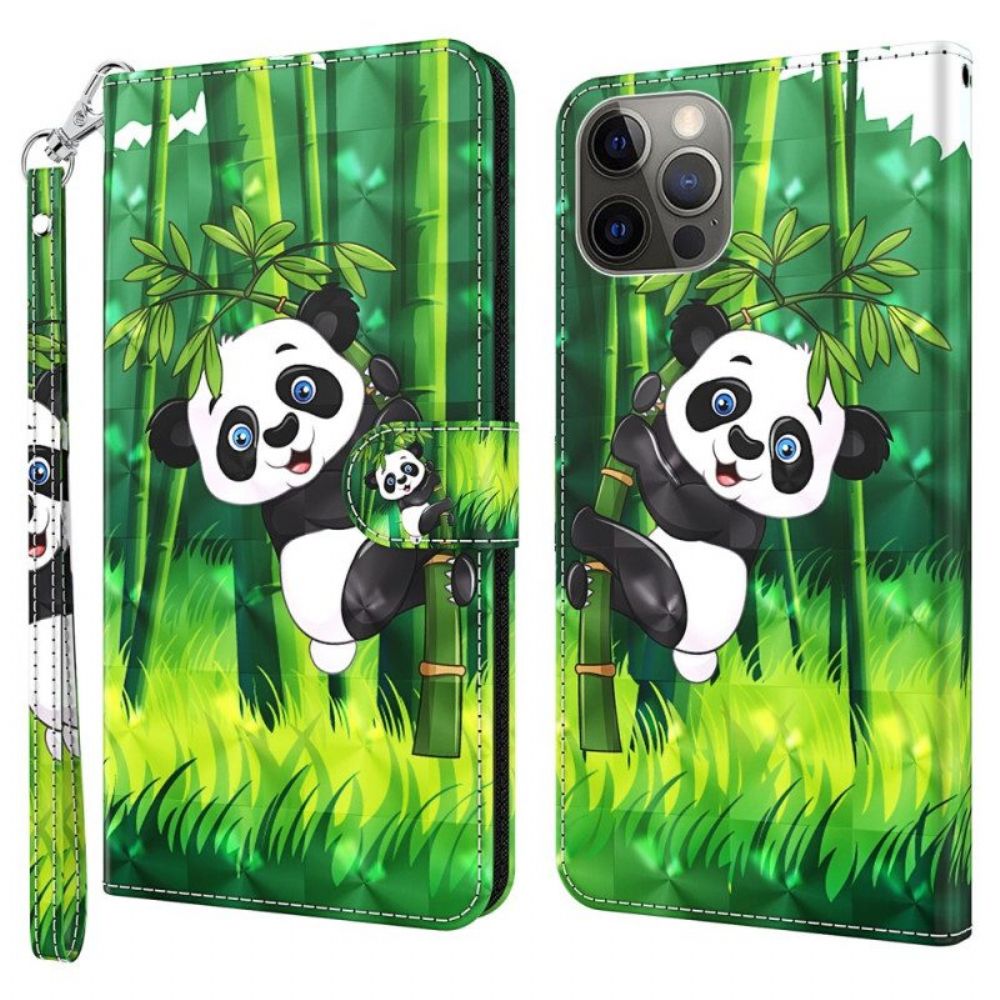 Lederhüllen Für iPhone 15 Plus Mit Kordel 3d-bambus-panda Mit Riemen