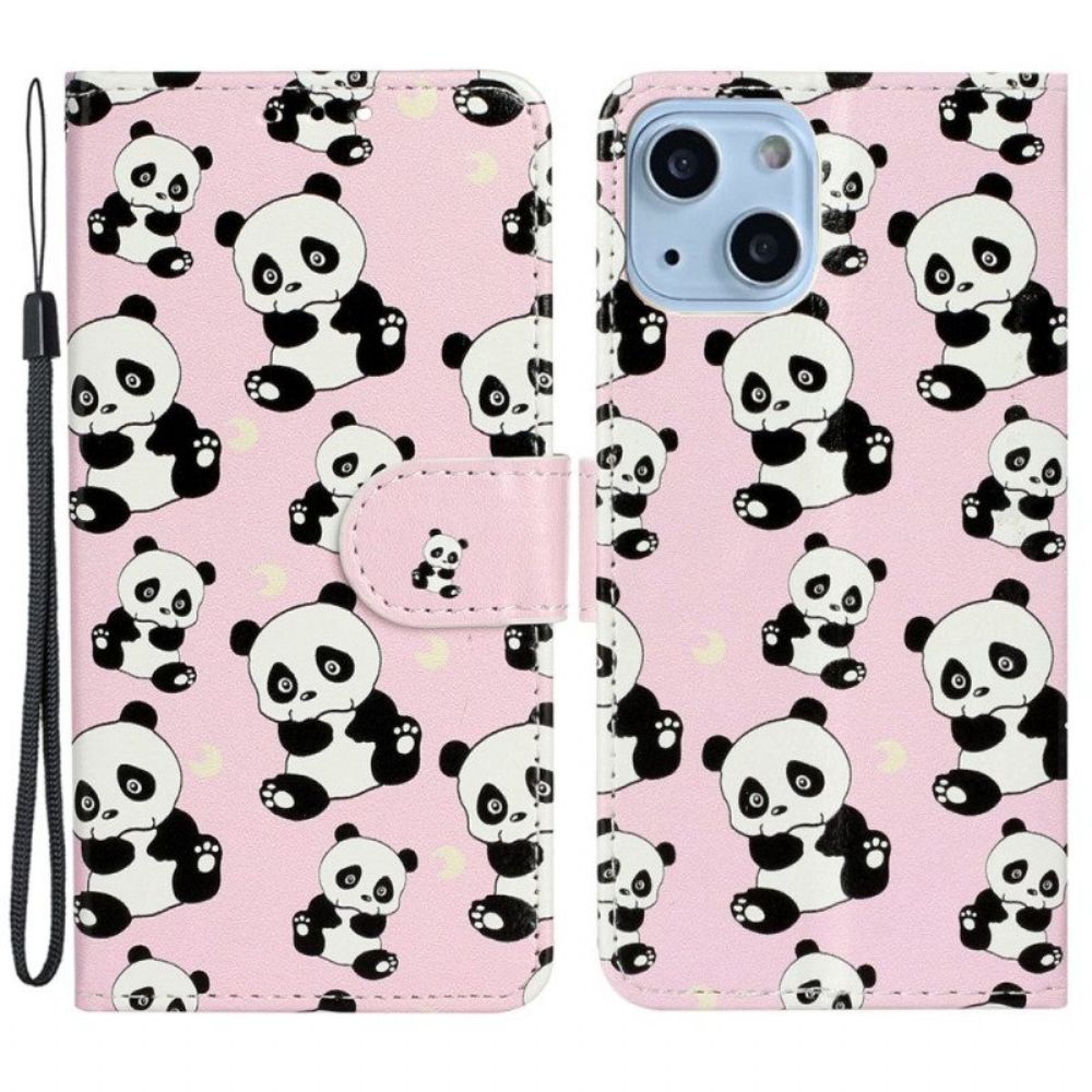 Lederhüllen Für iPhone 15 Plus Mit Kordel Kleine Pandas Mit Riemen