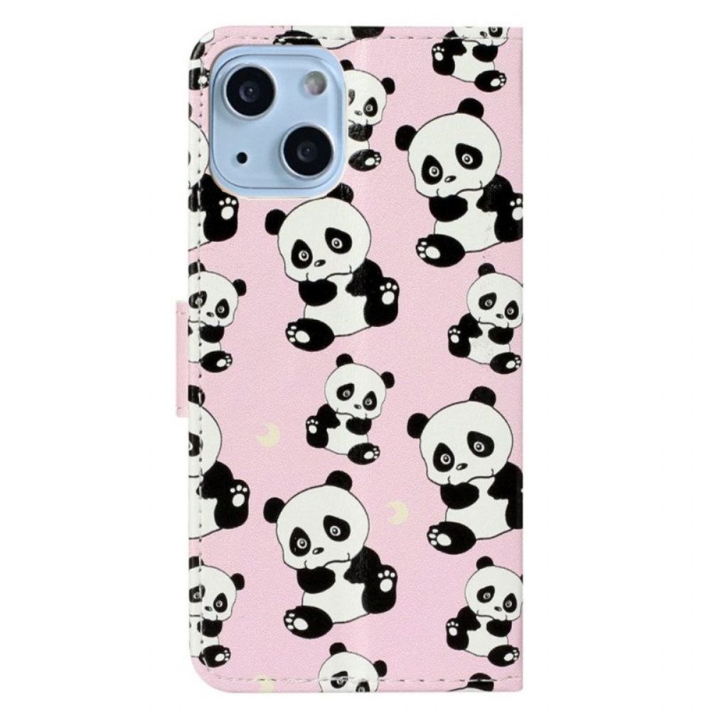 Lederhüllen Für iPhone 15 Plus Mit Kordel Kleine Pandas Mit Riemen