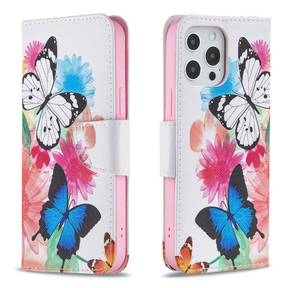 Flip Case Für iPhone 13 Pro Max Gemalte Schmetterlinge Und Blumen