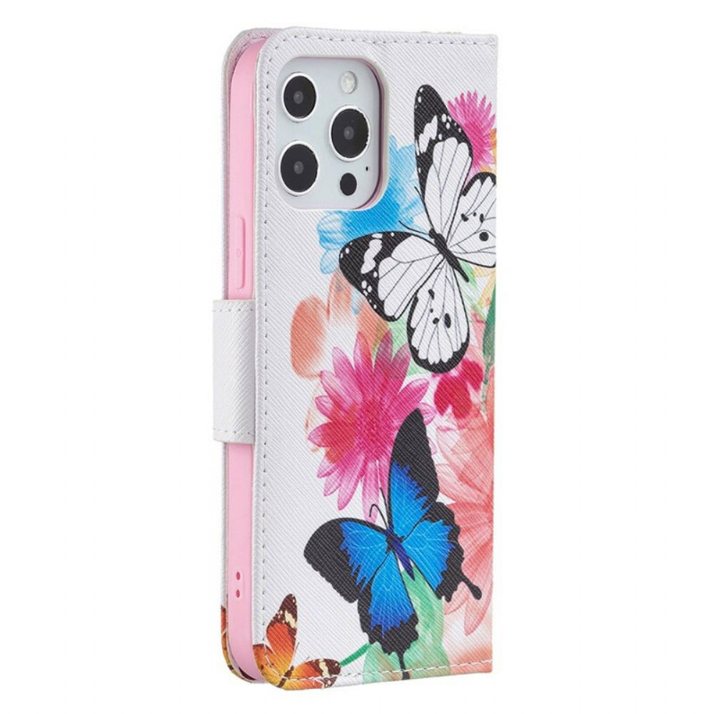 Flip Case Für iPhone 13 Pro Max Gemalte Schmetterlinge Und Blumen