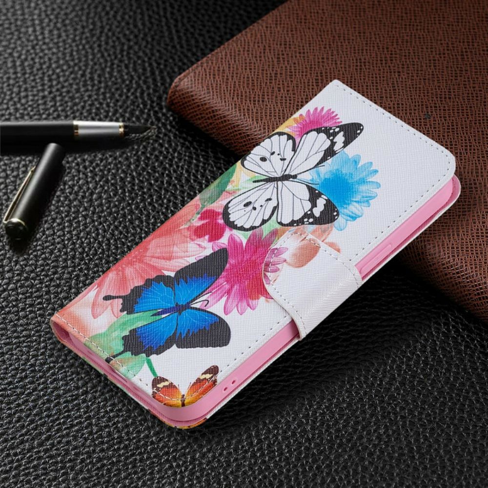 Flip Case Für iPhone 13 Pro Max Gemalte Schmetterlinge Und Blumen