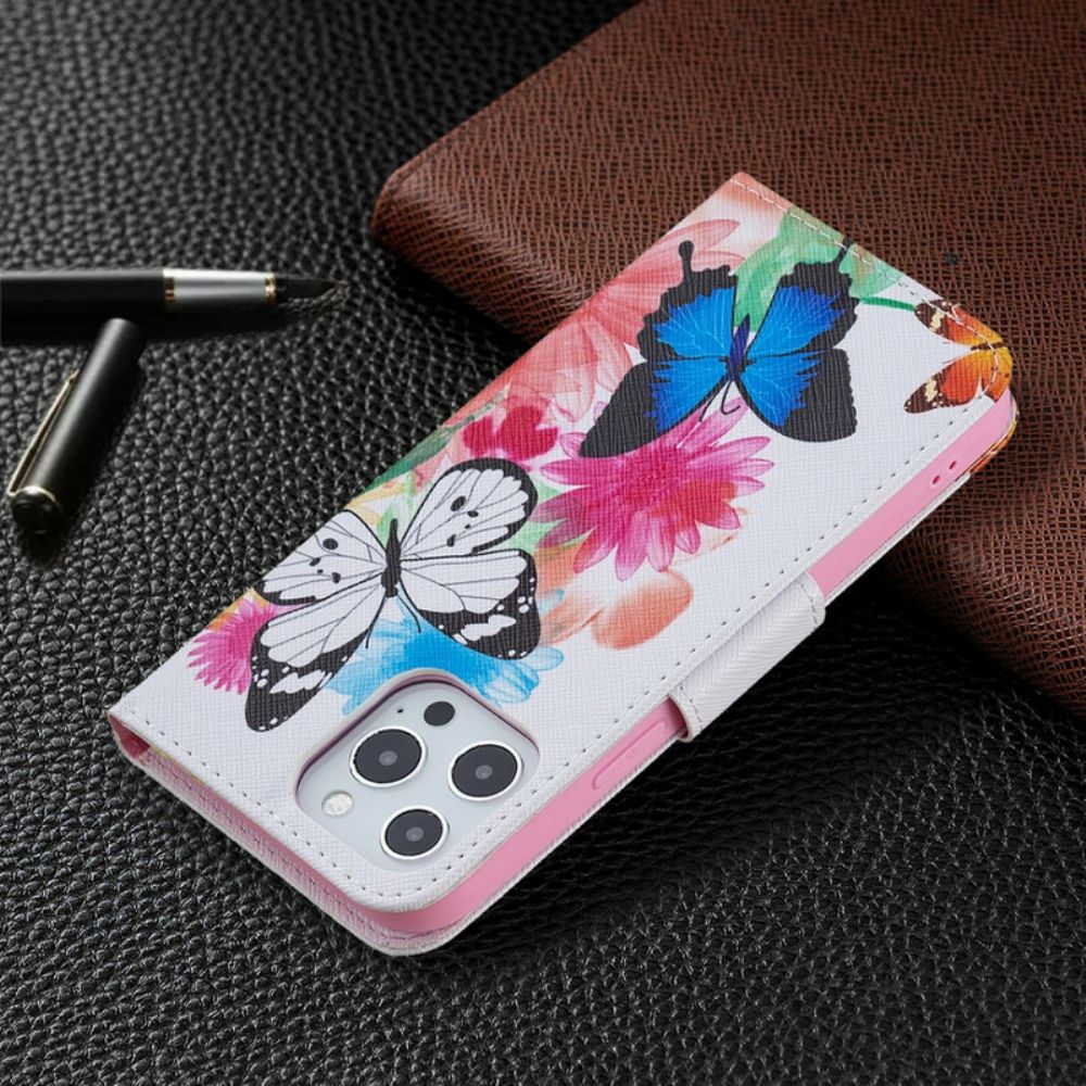 Flip Case Für iPhone 13 Pro Max Gemalte Schmetterlinge Und Blumen