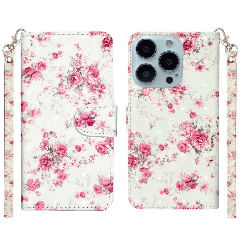 Flip Case Für iPhone 13 Pro Max Mit Kordel Blumen Lichtpunkte Mit Riemen