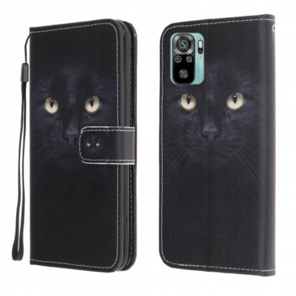 Flip Case Für Xiaomi Redmi Note 10 / 10S Mit Kordel Schwarze Katzenaugen Mit Riemen