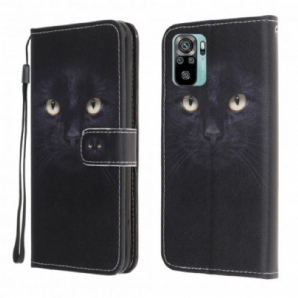 Flip Case Für Xiaomi Redmi Note 10 / 10S Mit Kordel Schwarze Katzenaugen Mit Riemen