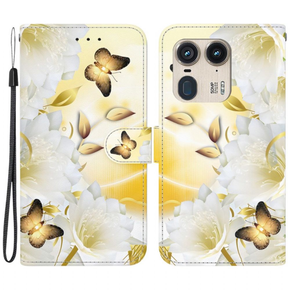 Lederhüllen Motorola Edge 50 Ultra Handyhülle Goldene Schmetterlinge Und Weiße Blumen Mit Riemen