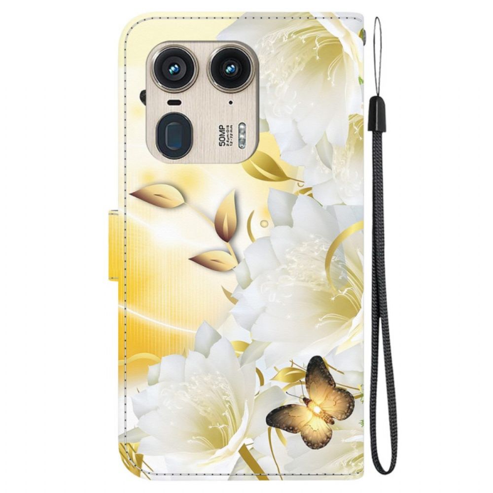 Lederhüllen Motorola Edge 50 Ultra Handyhülle Goldene Schmetterlinge Und Weiße Blumen Mit Riemen