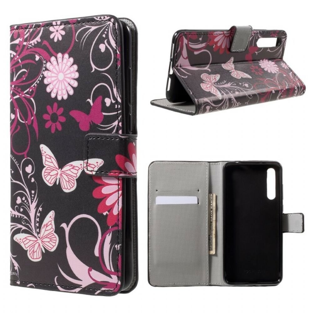 Flip Case Für Huawei P20 Pro Schmetterlinge Und Blumen