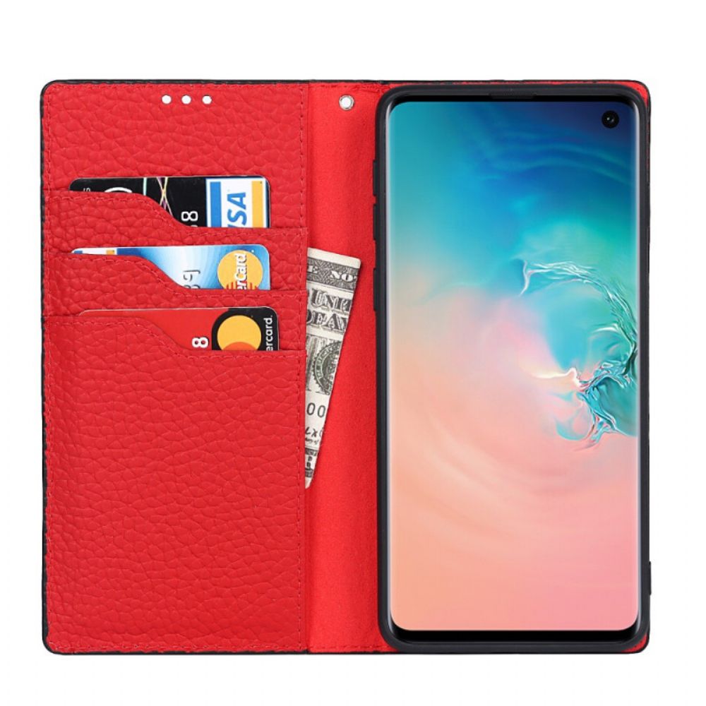 Schutzhülle Für Samsung Galaxy S10 Mit Kordel Flip Case Riemen Aus Echtem Litschi-leder