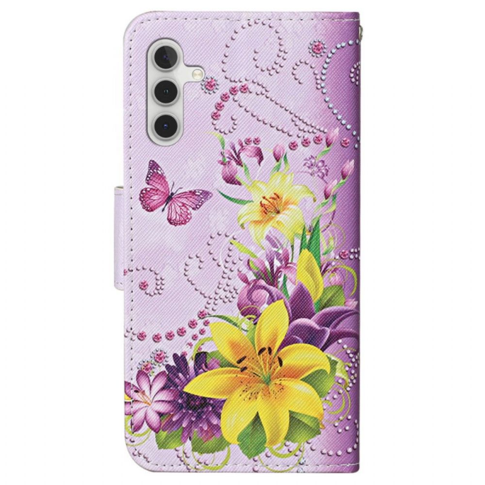 Lederhüllen Samsung Galaxy A15 5g Gelbe Blumen Und Schmetterlinge Mit Riemen