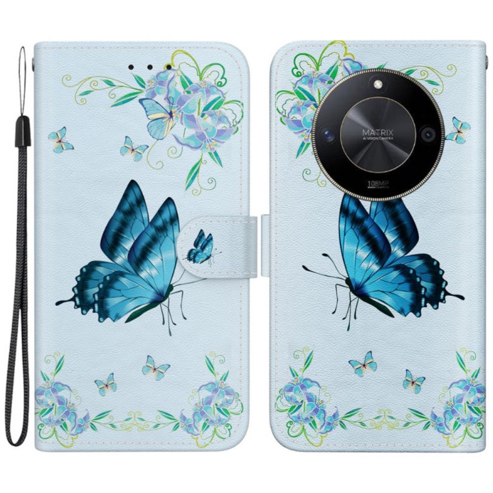 Lederhüllen Honor X9b / Magic 6 Lite Handyhülle Blaue Schmetterlinge Und Blumen