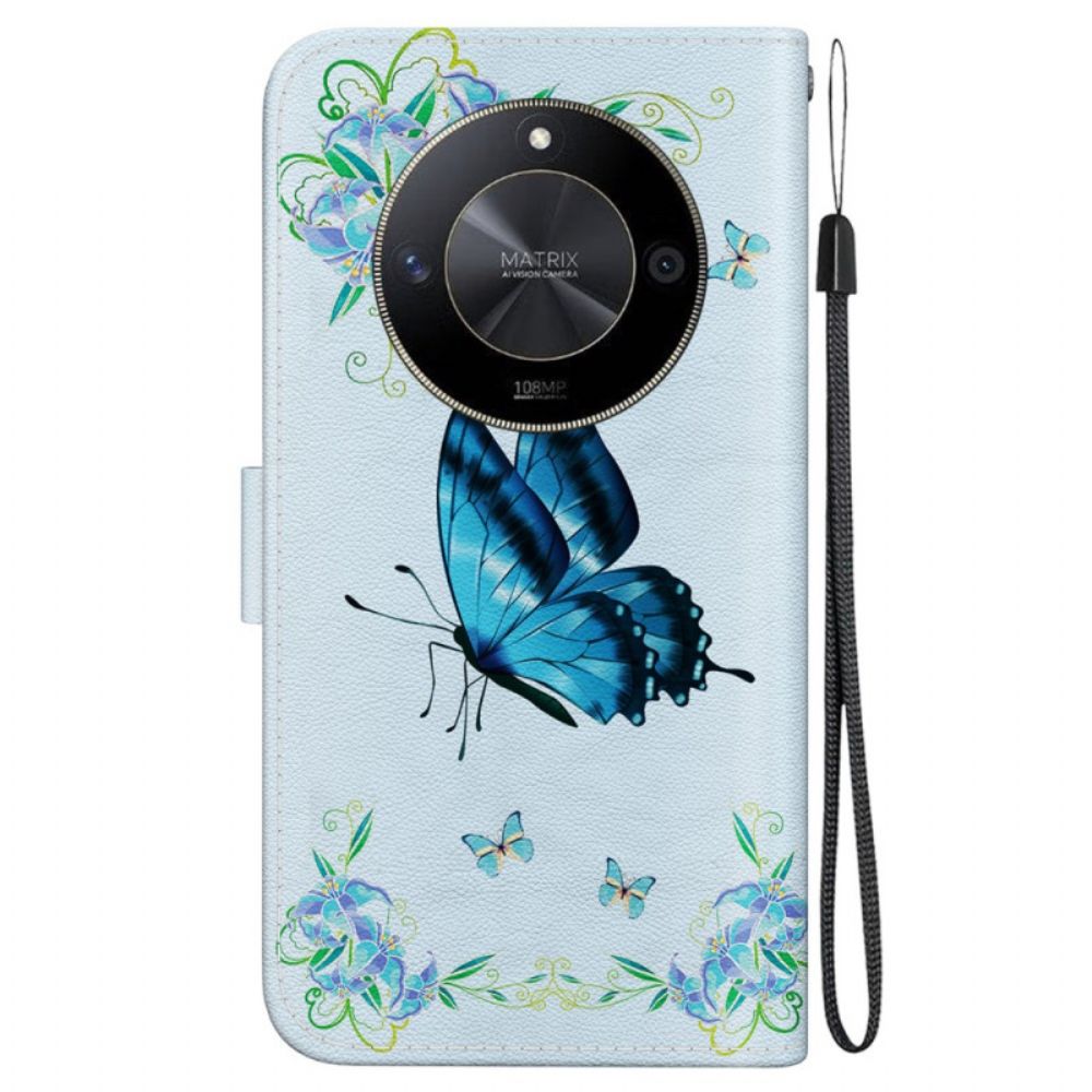 Lederhüllen Honor X9b / Magic 6 Lite Handyhülle Blaue Schmetterlinge Und Blumen