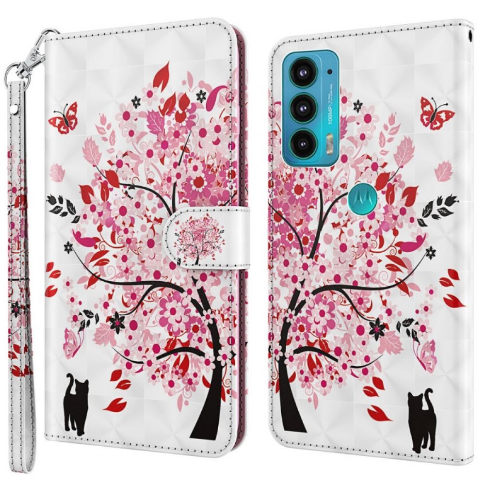 Lederhüllen Für Moto E40 / E30 / E20 Rosa Baum Und Schwarze Katze