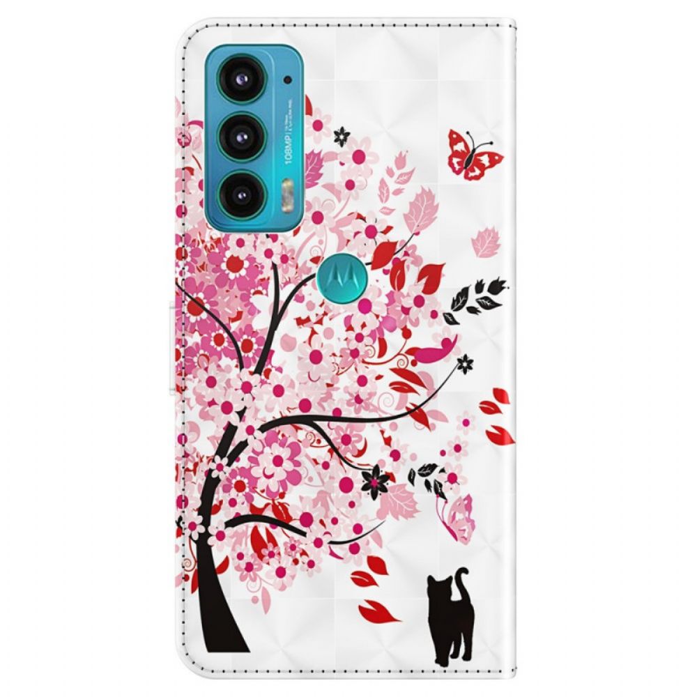 Lederhüllen Für Moto E40 / E30 / E20 Rosa Baum Und Schwarze Katze