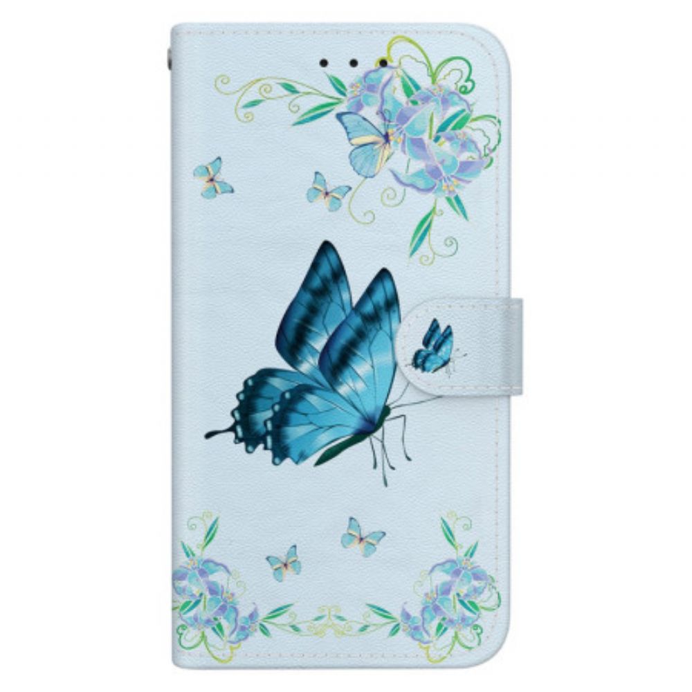 Lederhüllen Xiaomi 14t Handyhülle Blauer Schmetterling Und Blumen