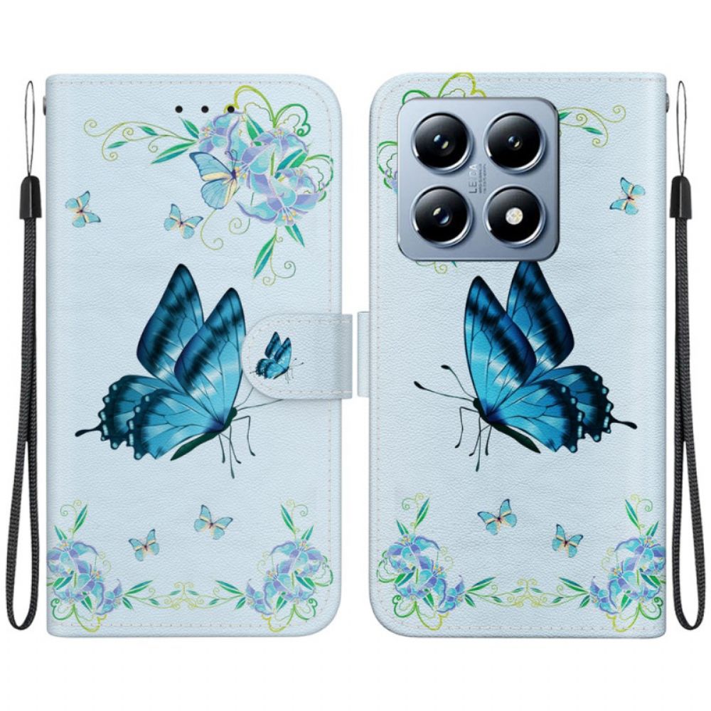 Lederhüllen Xiaomi 14t Handyhülle Blauer Schmetterling Und Blumen