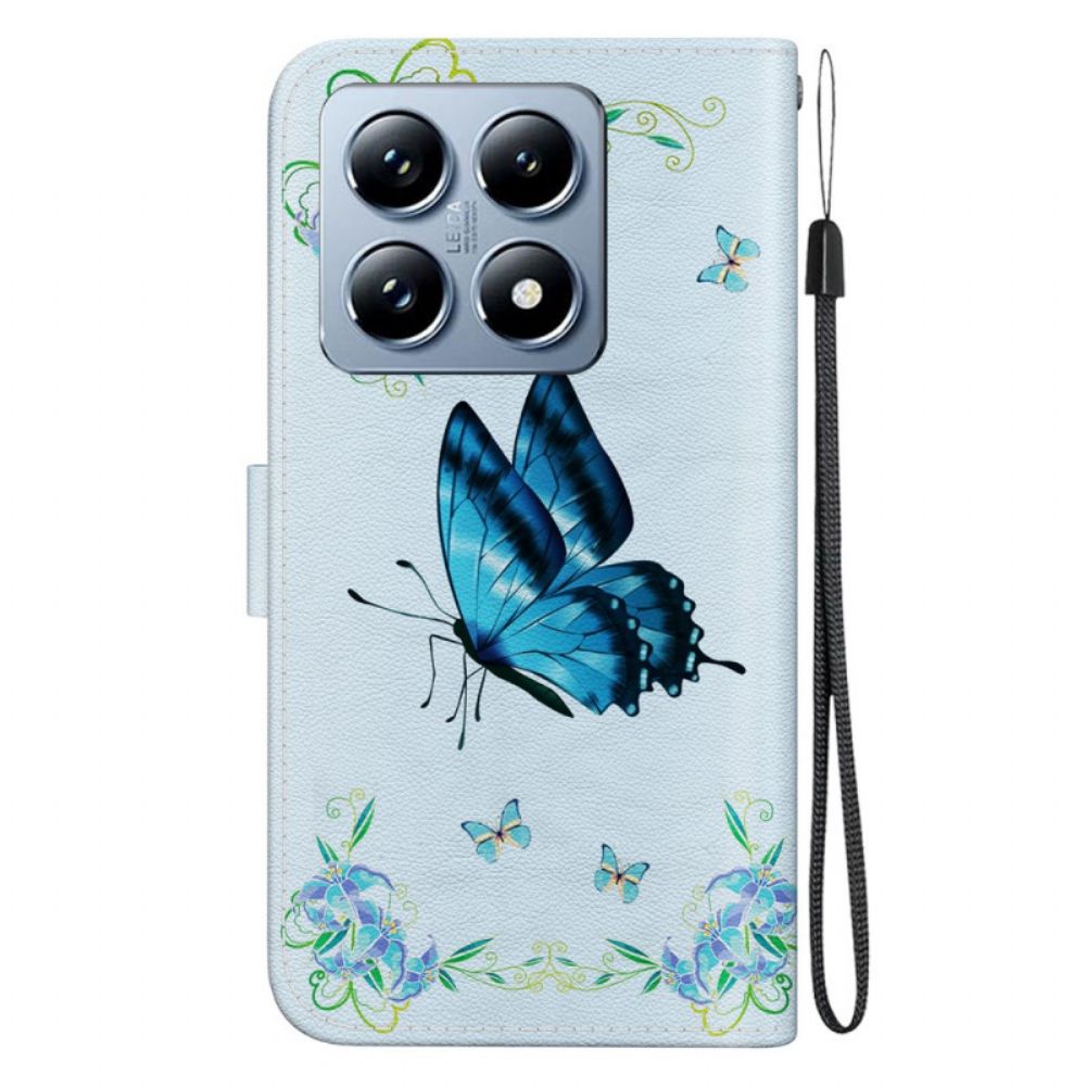 Lederhüllen Xiaomi 14t Handyhülle Blauer Schmetterling Und Blumen