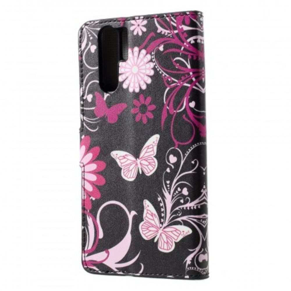 Flip Case Für Huawei P30 Pro Schmetterlinge Und Blumen