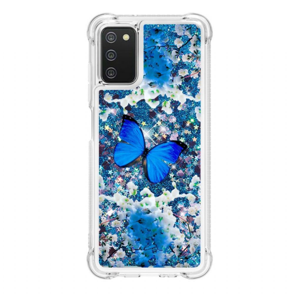 Hülle Für Samsung Galaxy A03s Blaue Glitzerschmetterlinge