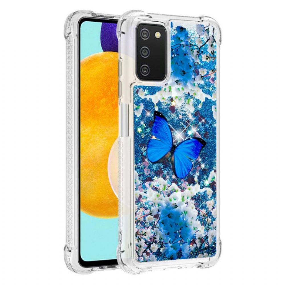 Hülle Für Samsung Galaxy A03s Blaue Glitzerschmetterlinge