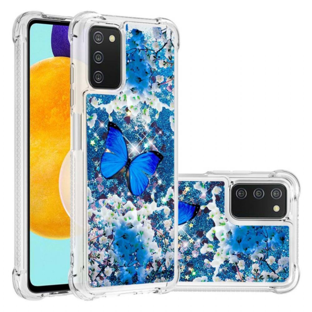 Hülle Für Samsung Galaxy A03s Blaue Glitzerschmetterlinge