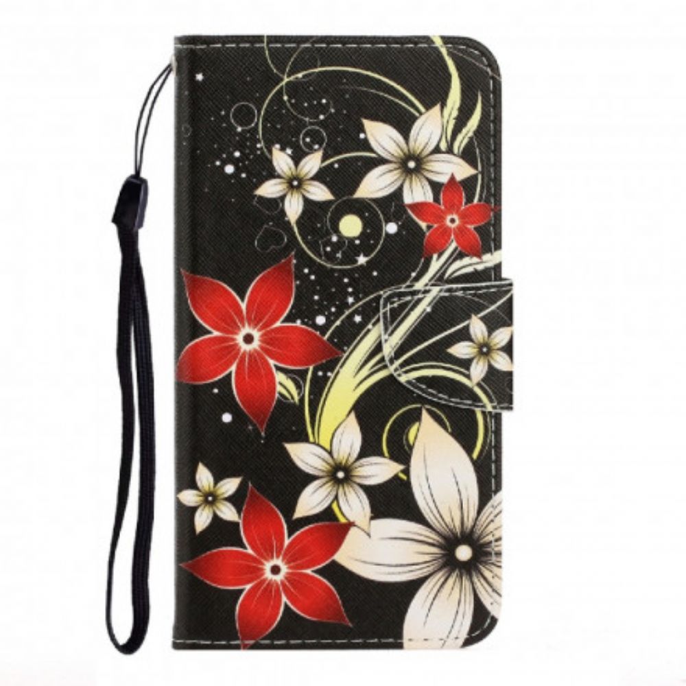 Flip Case Für Samsung Galaxy A22 4G Mit Kordel Bunte Riemenblumen