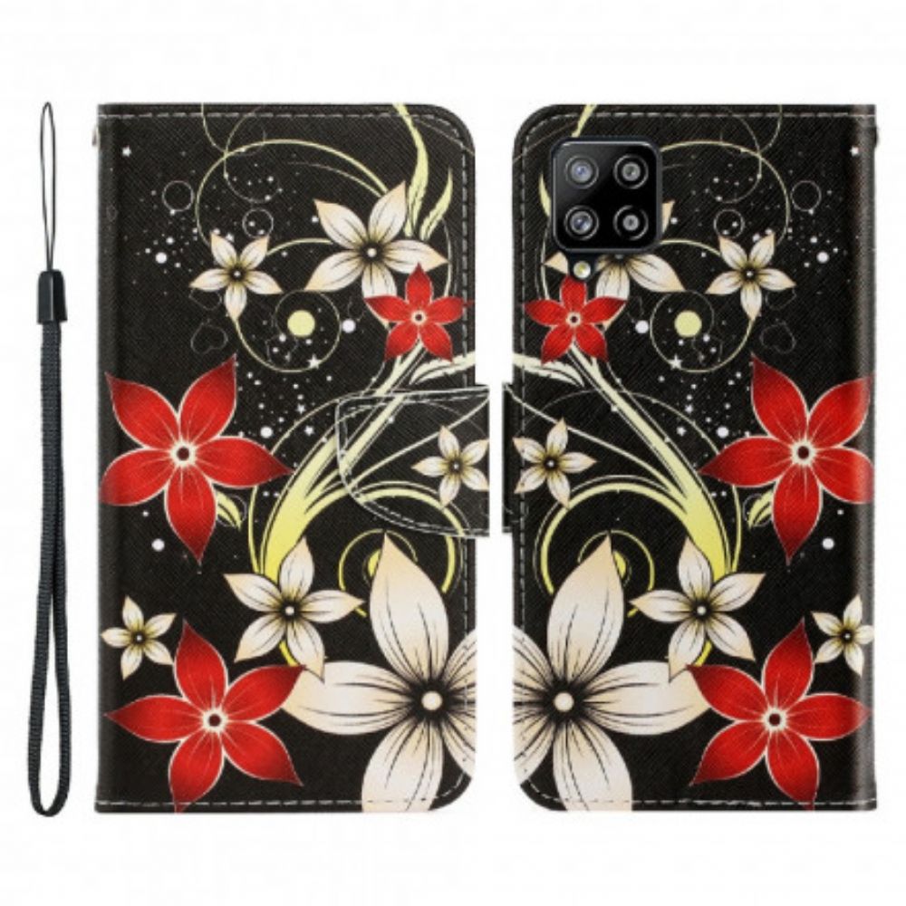 Flip Case Für Samsung Galaxy A22 4G Mit Kordel Bunte Riemenblumen