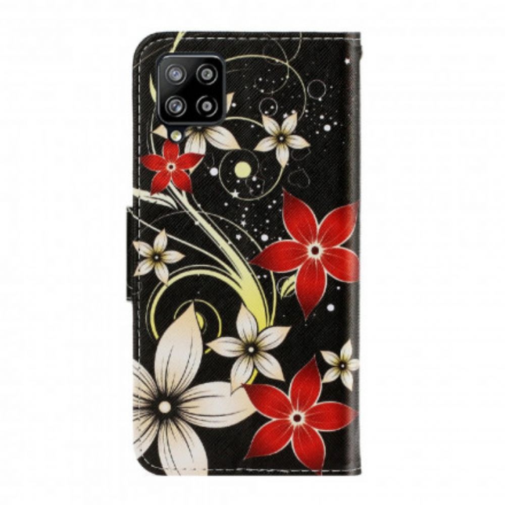 Flip Case Für Samsung Galaxy A22 4G Mit Kordel Bunte Riemenblumen