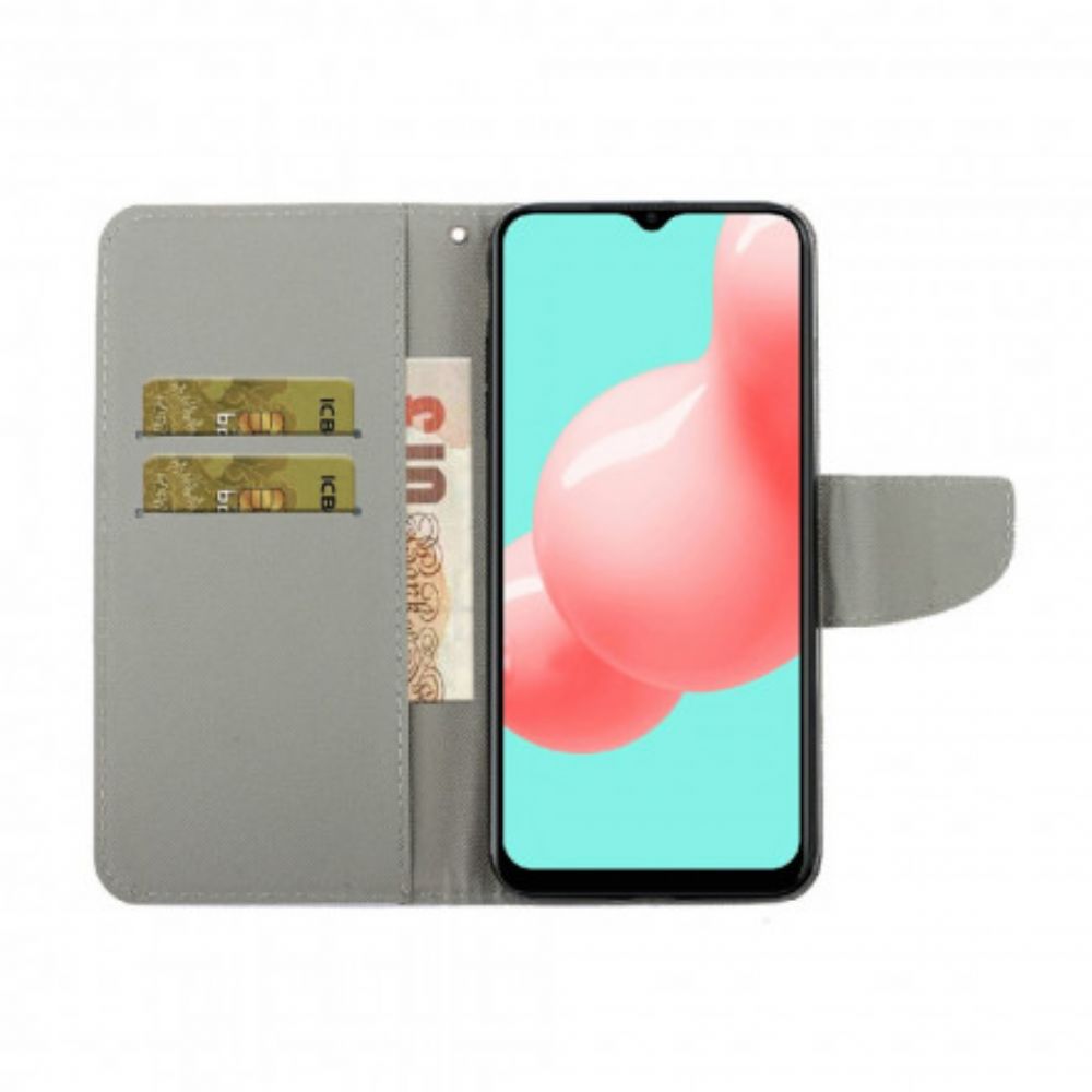 Flip Case Für Samsung Galaxy A22 4G Mit Kordel Bunte Riemenblumen