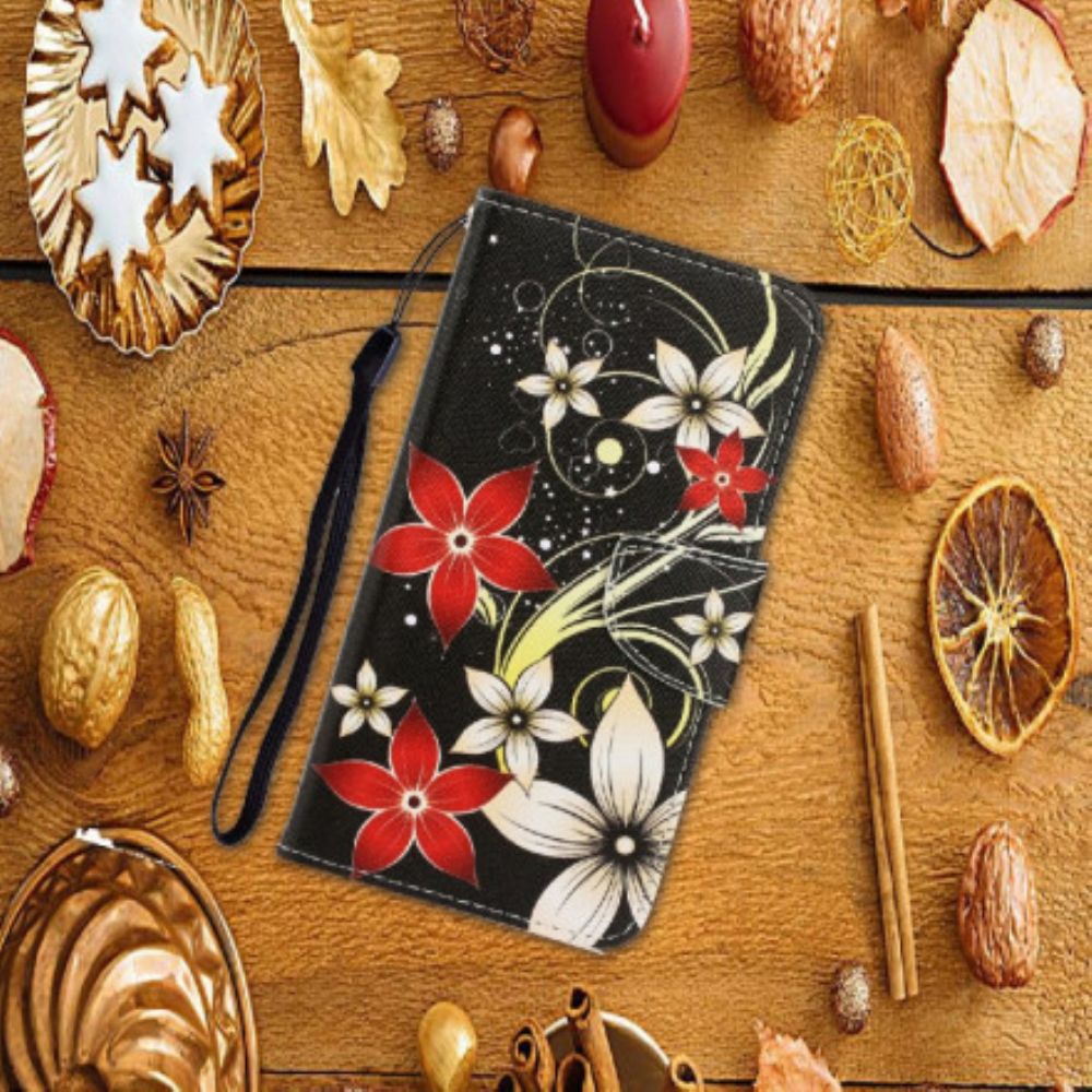 Flip Case Für Samsung Galaxy A22 4G Mit Kordel Bunte Riemenblumen