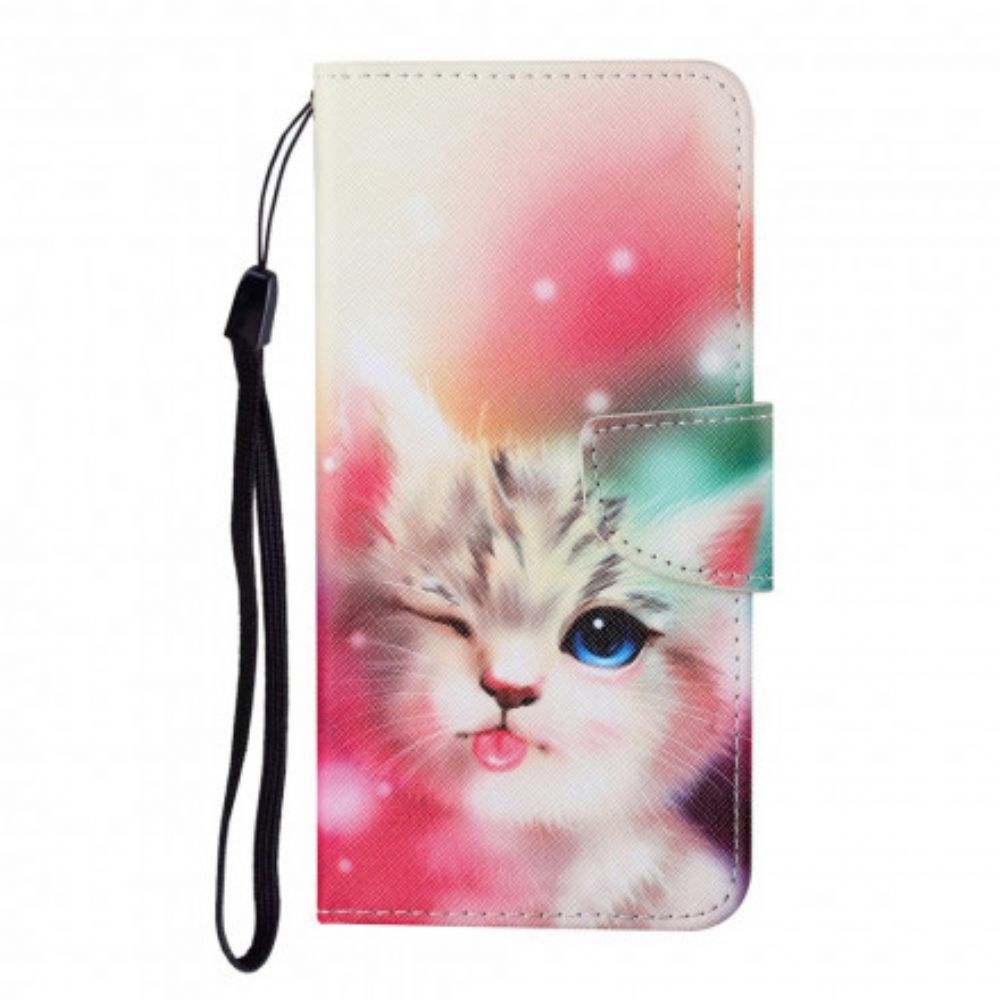 Flip Case Für Samsung Galaxy A22 4G Süße Katze Mit Lanyard