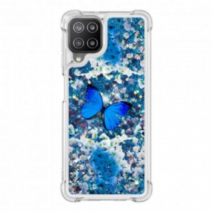 Handyhülle Für Samsung Galaxy A22 4G Blaue Glitzerschmetterlinge