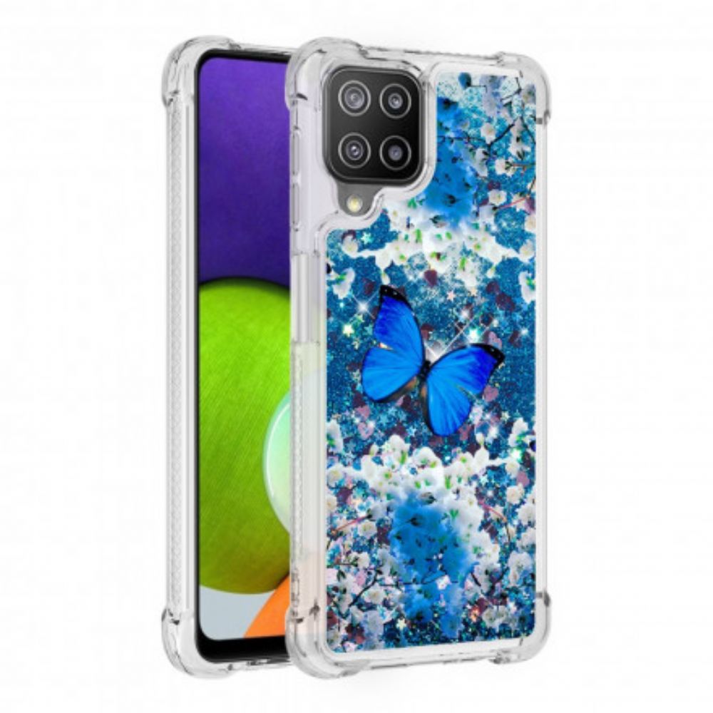 Handyhülle Für Samsung Galaxy A22 4G Blaue Glitzerschmetterlinge